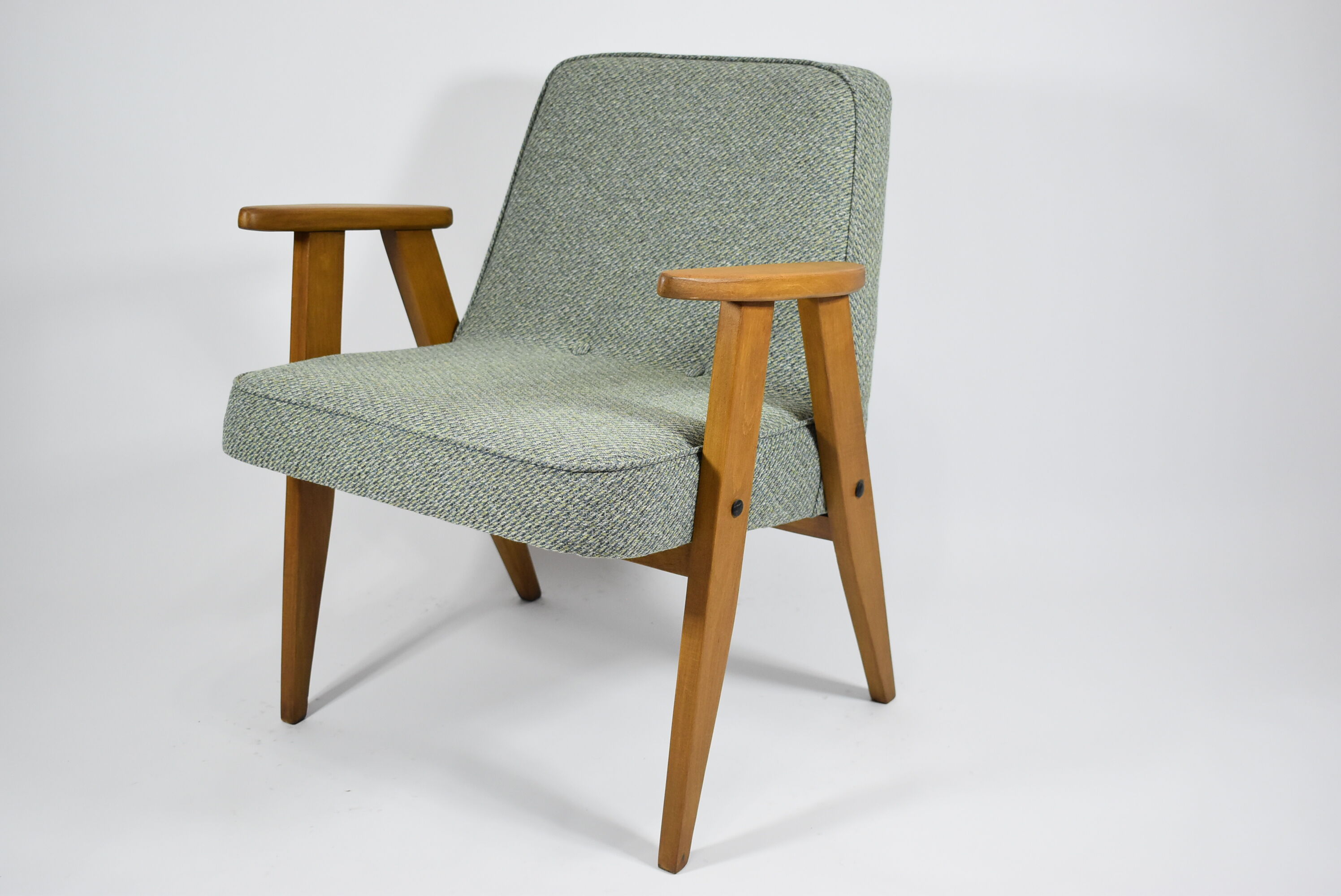 Classic Polish armchair type 366 1960s green fabric, teak wood