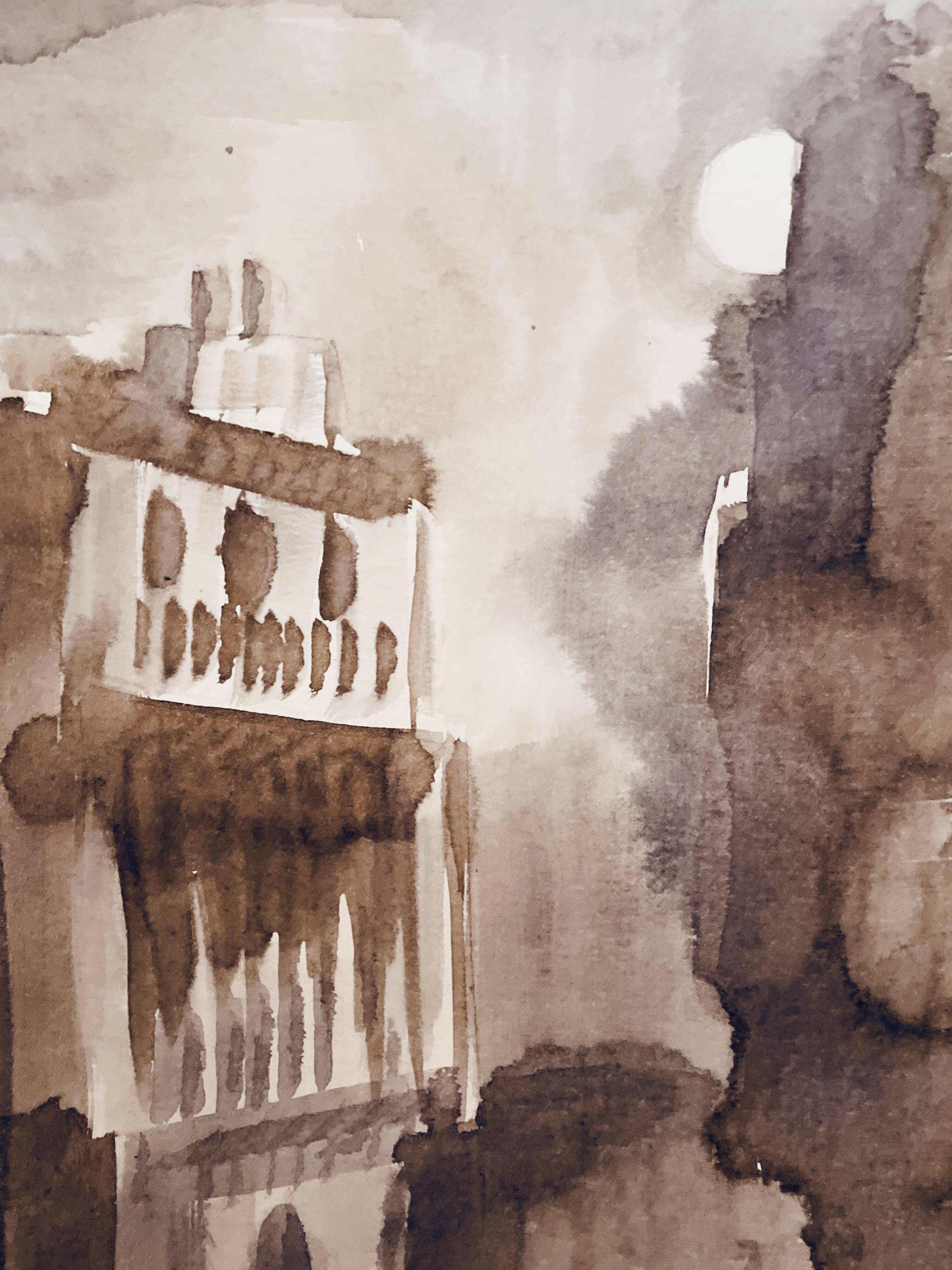 Signed watercolour monochrome sepia Moonlight over Tangier