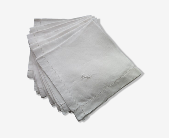 Set de 8 anciennes serviettes à thé en fil de lin Petits jours et broderie