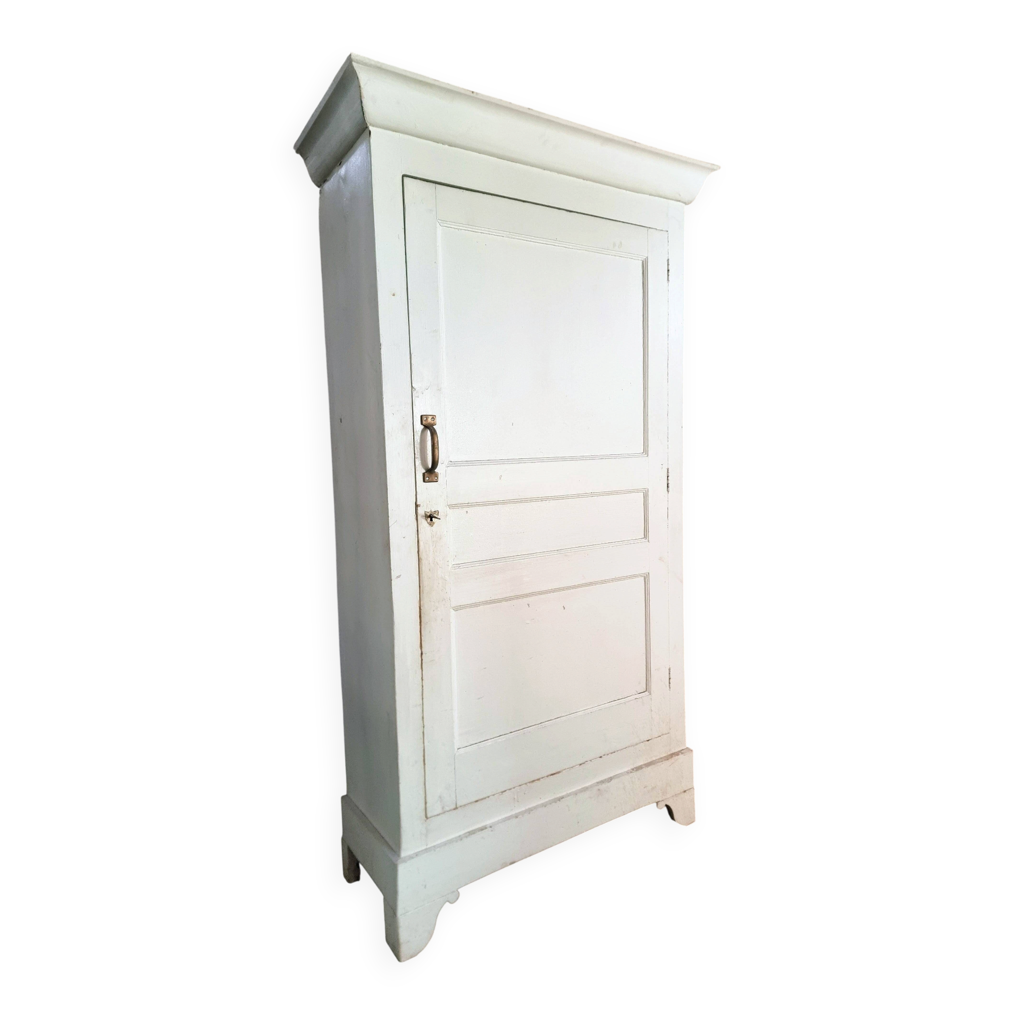 Antique French pine wardrobe with original white paint, circa 1900–1920.