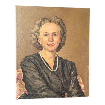 Oil portrait on canvas of an elegant vintage woman 50s