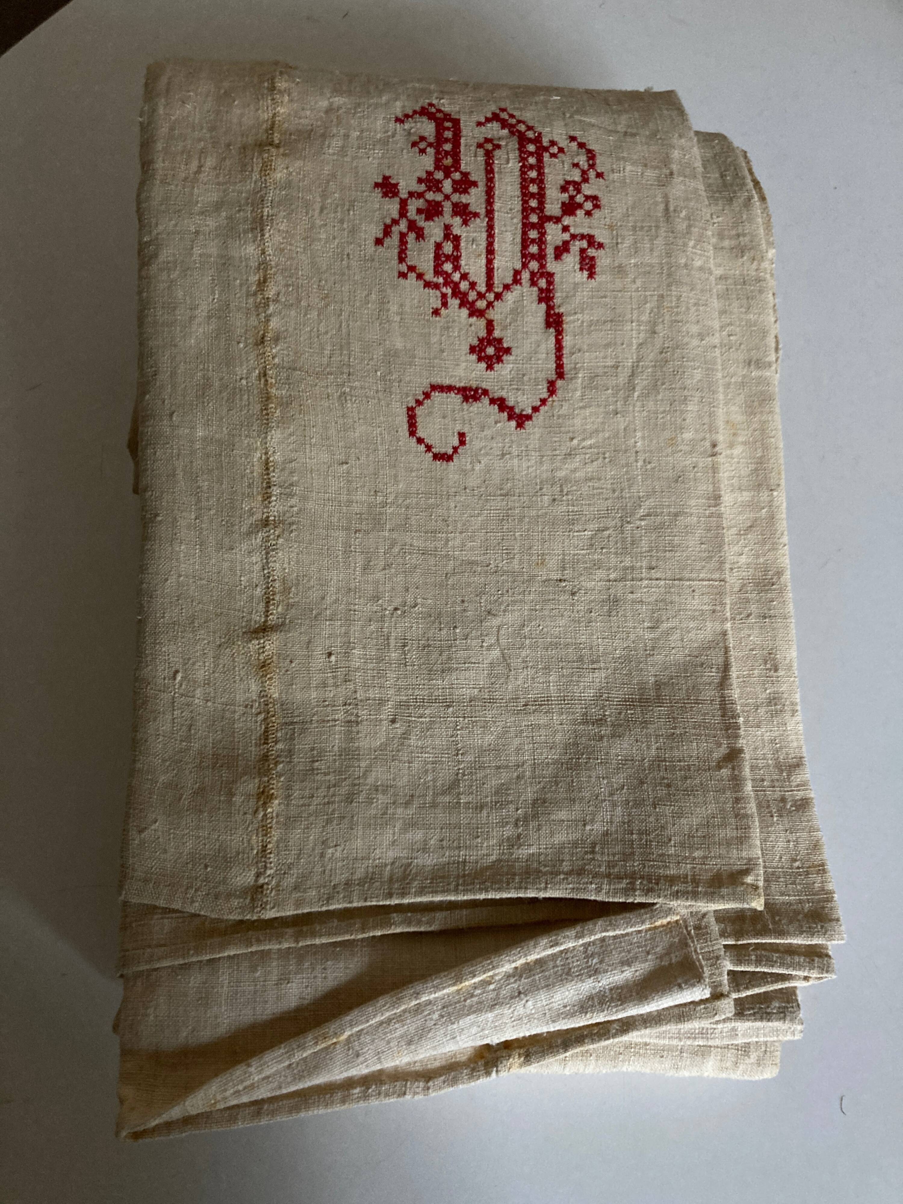 Nappe en toile de chanvre brut 19e brodée XXL