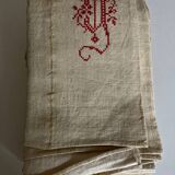 Nappe en toile de chanvre brut 19e brodée XXL