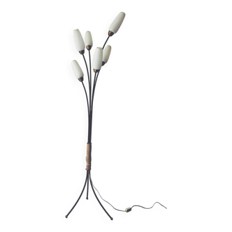 tripod floor lamp with 6 tulip branches in brass and opaline, France 1950