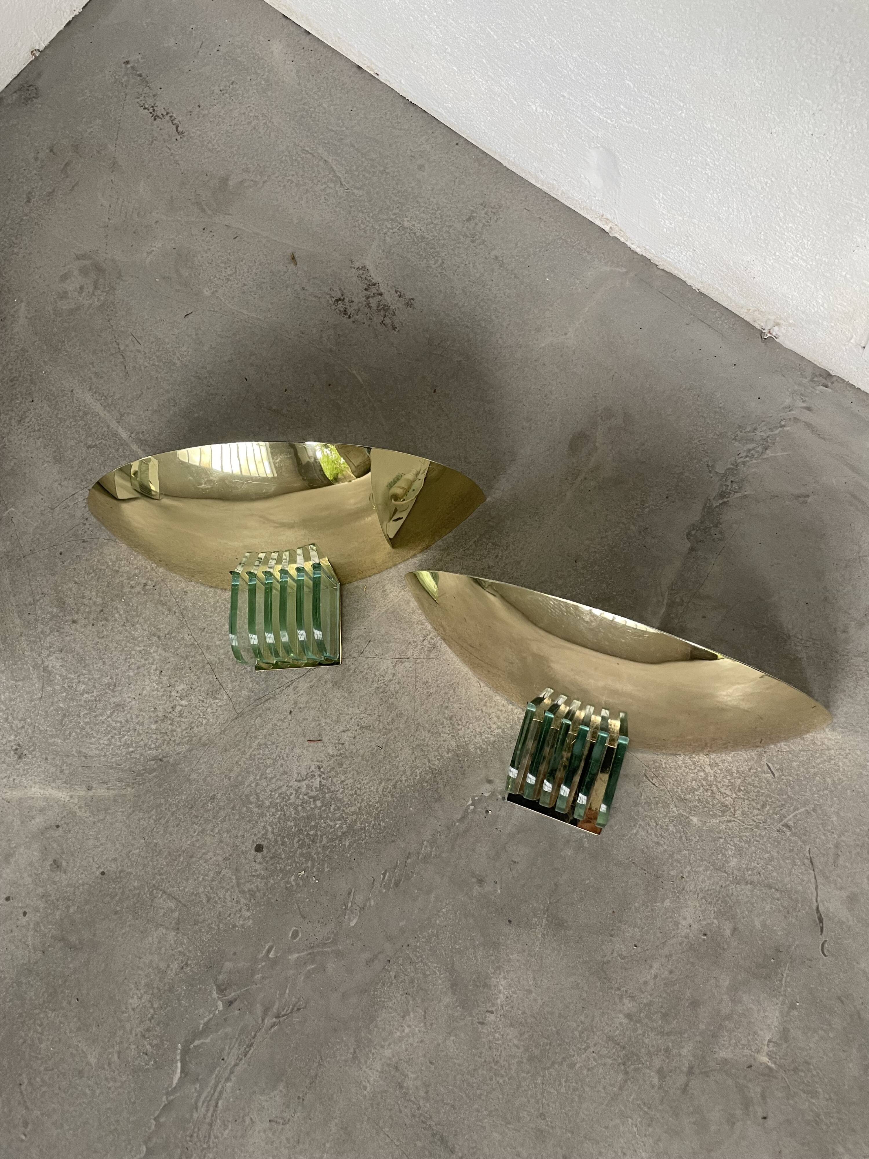 Pair of brass and art deco glass wall lights SCE