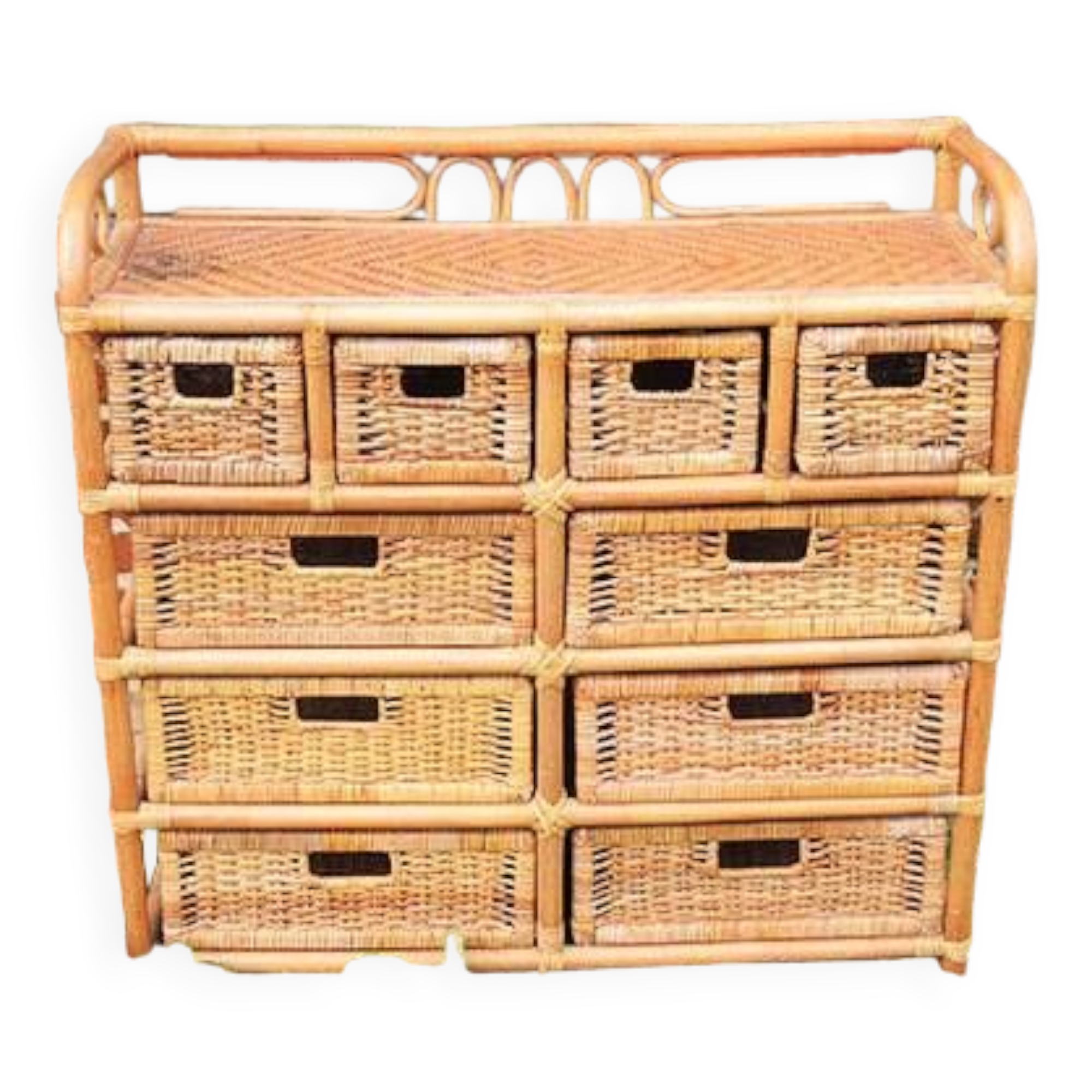 Ancienne Commode en Rotin / Osier Clair 10 Tiroirs