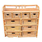 Ancienne Commode en Rotin / Osier Clair 10 Tiroirs