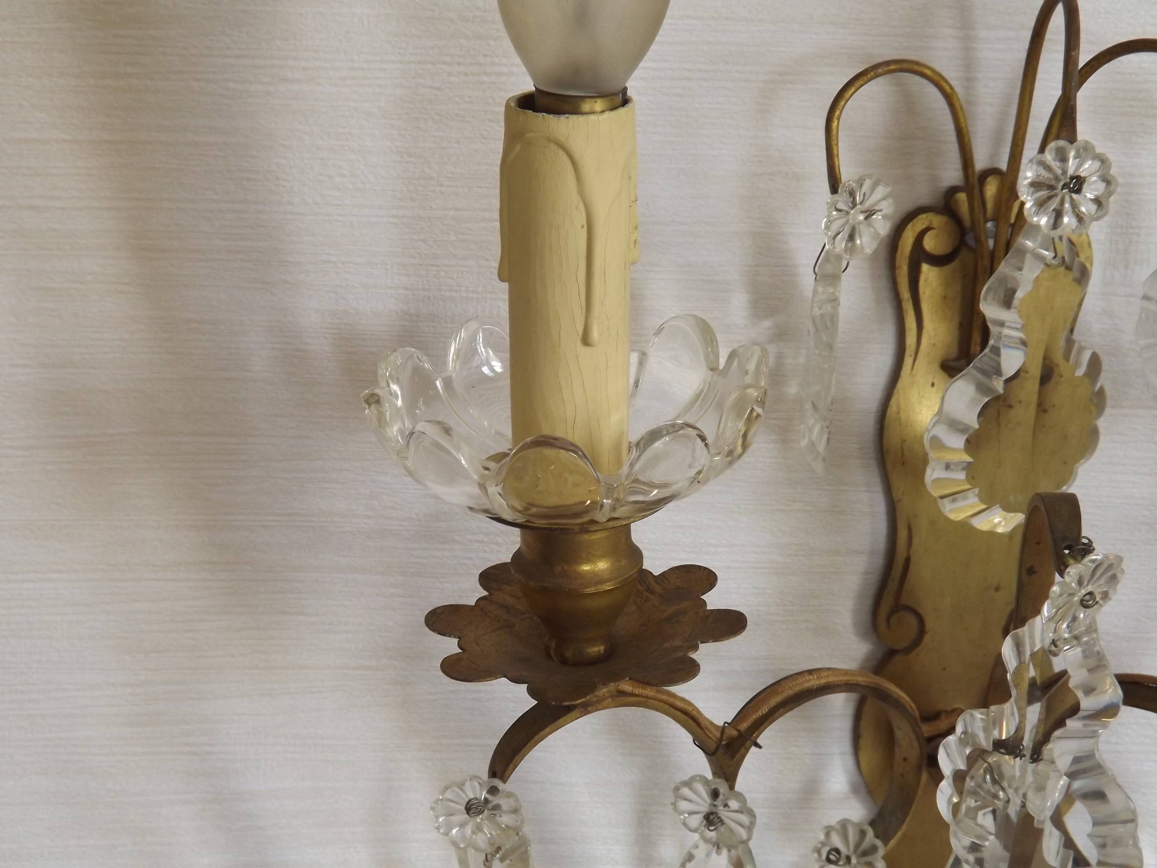 Pair of French Double Brass & Glass Wall Lights Adorned With Crystals