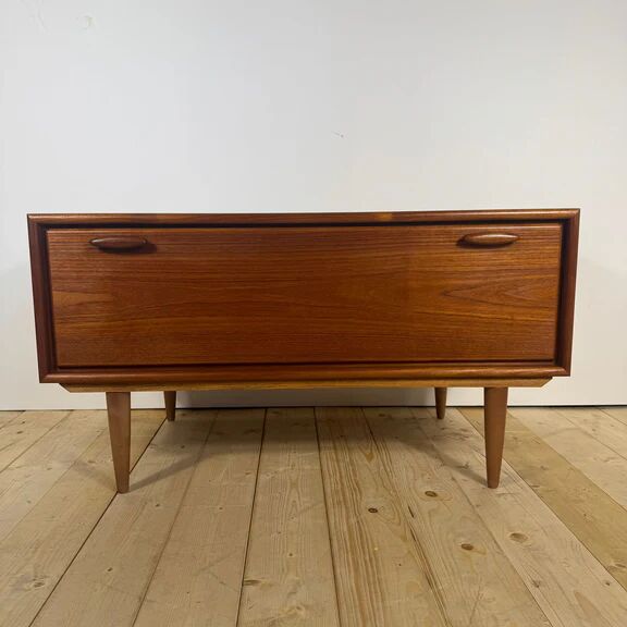 Low vintage sideboard with drop-down door – Scandinavian design 1960s, teak and elegant details