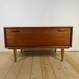 Low vintage sideboard with drop-down door – Scandinavian design 1960s, teak and elegant details