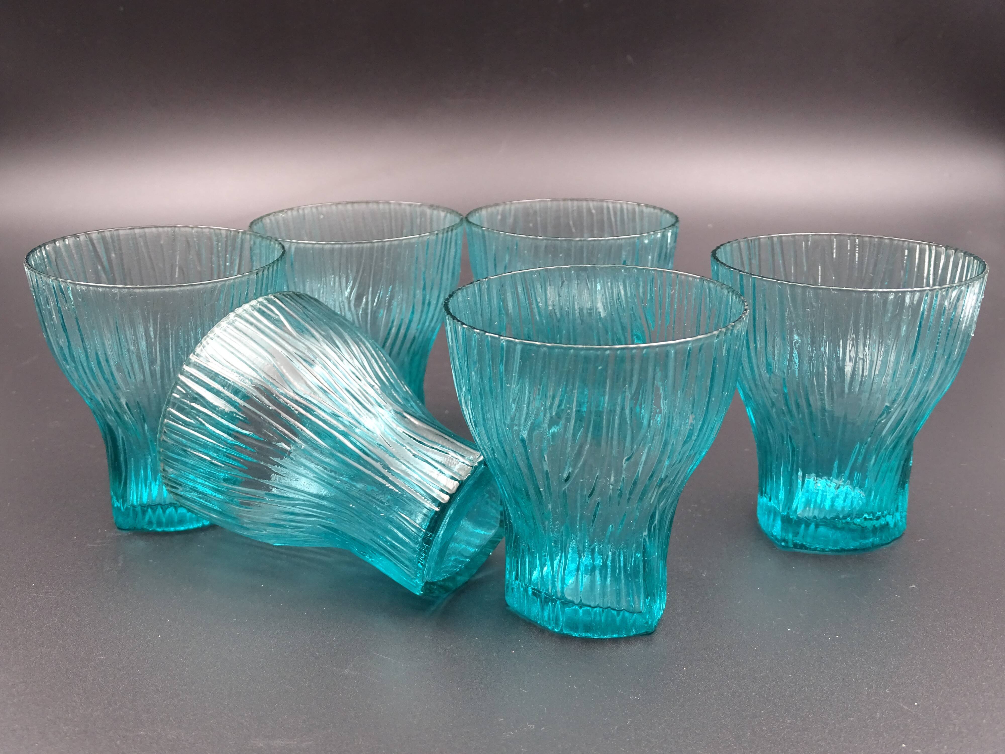 Set of 6 turquoise glass water glasses around 1975