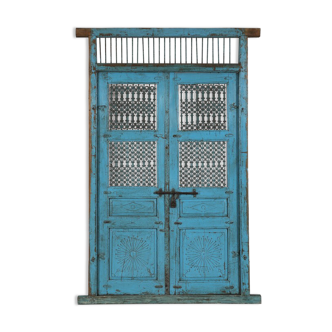 Porte indienne bleue patine d'origine vieux teck