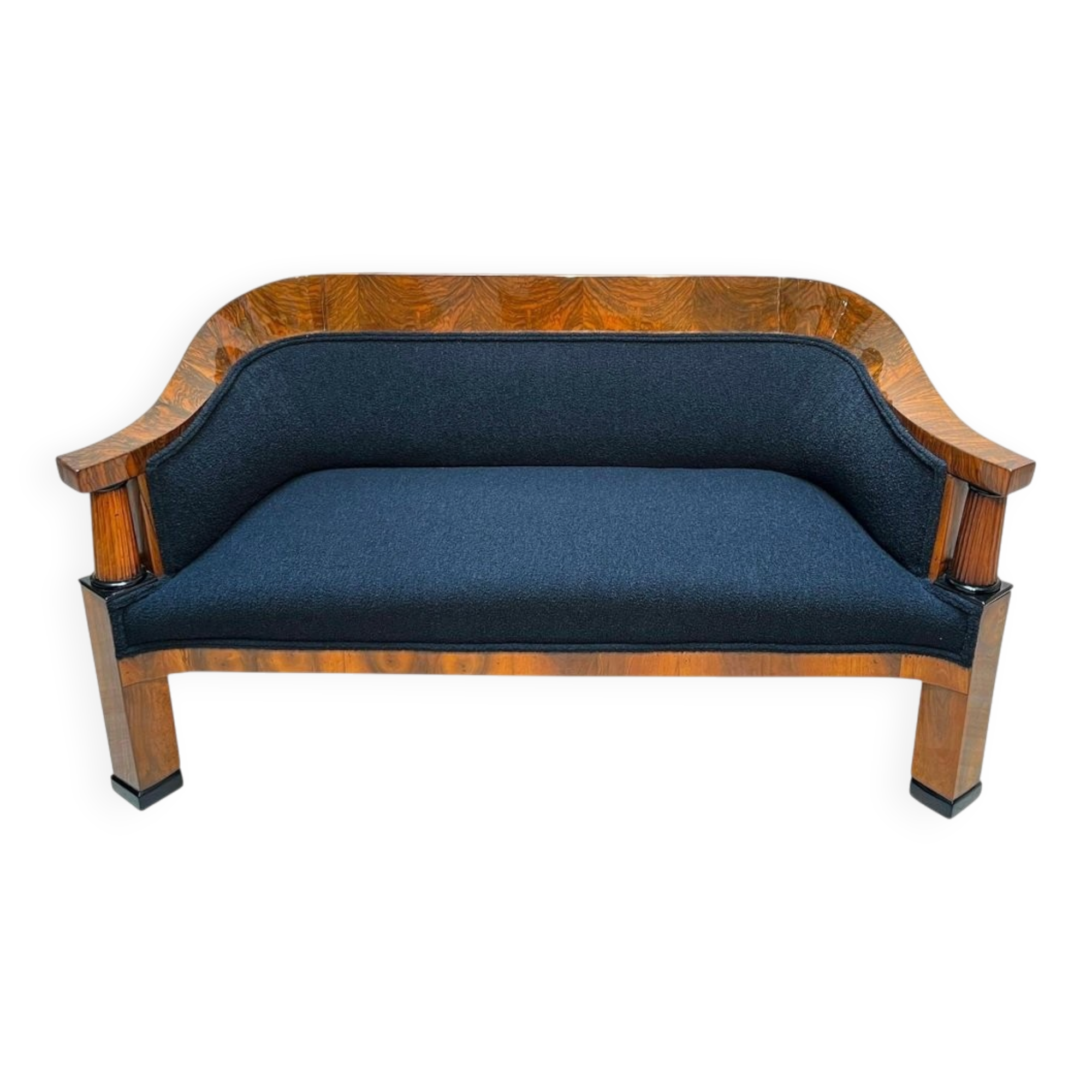 Biedermeier Sofa in Walnut Veneer & Black Teddy Fabric, Vienna, Austria, 1825