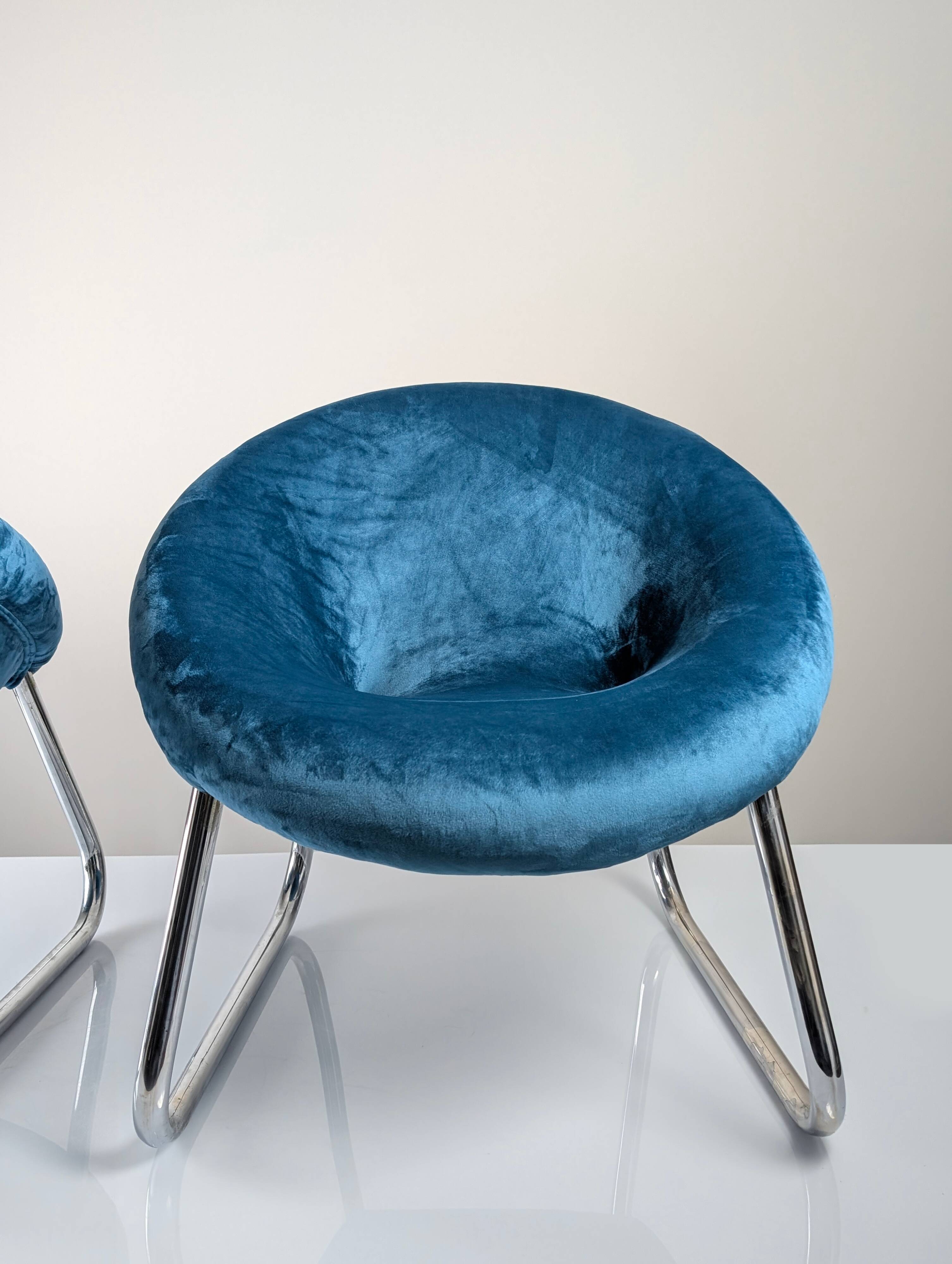 Pair of Italian Chrome and Blue Velvet Armchairs, 1970s
