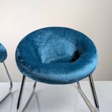 Pair of Italian Chrome and Blue Velvet Armchairs, 1970s