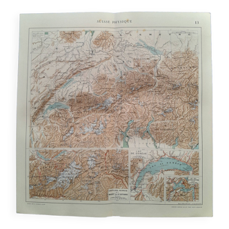 A geographical map year 1925 from atlas quillet map: switzerland physical lake of geneva