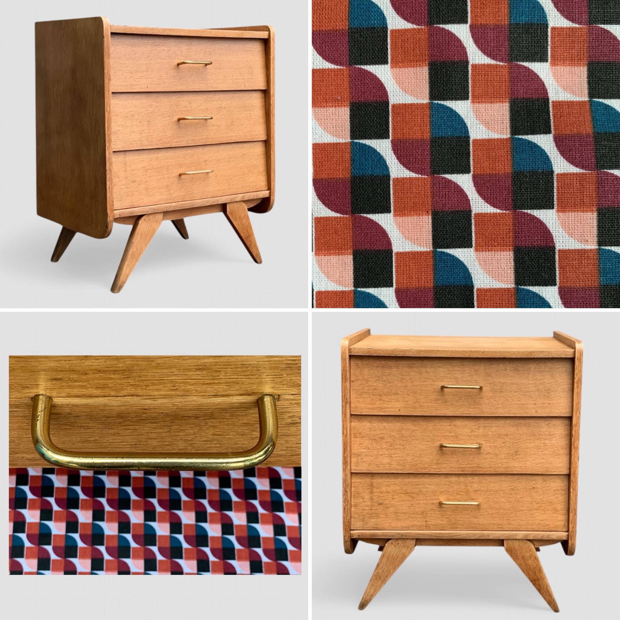 Vintage chest of drawers with compass feet, raw oak, 1960