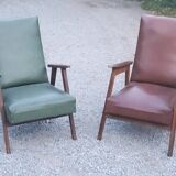 Pair of vintage Scandinavian style armchairs with moleskine compass legs from the 1950s