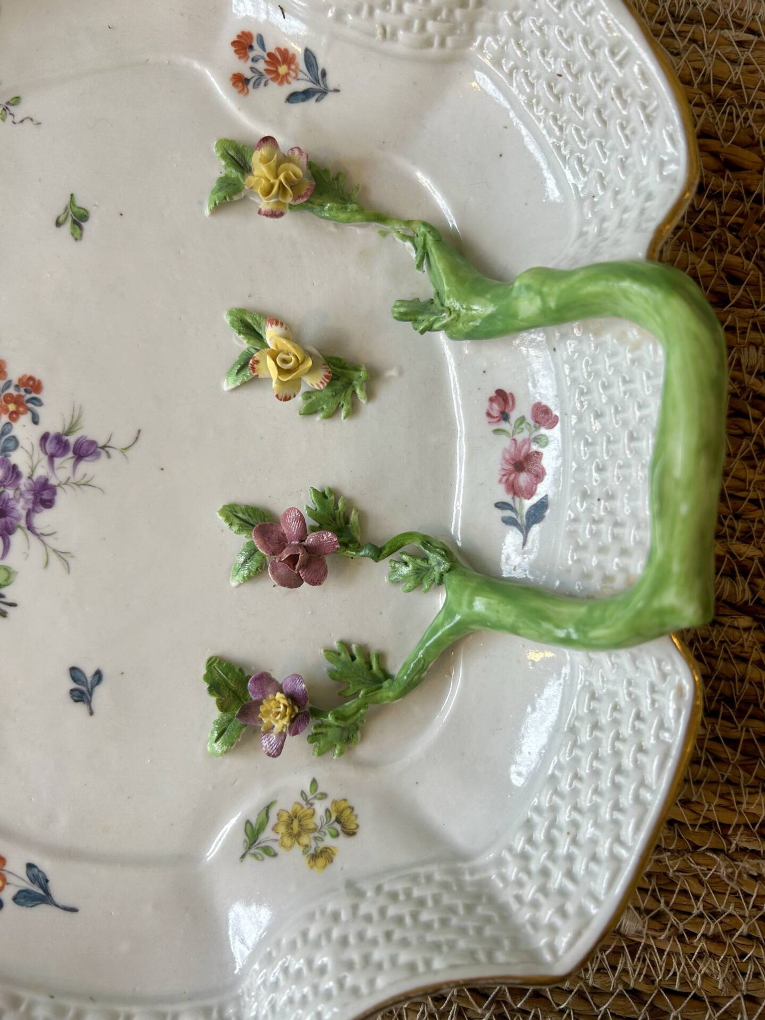 Large decorative antique plate with raised flowers – 19th century style