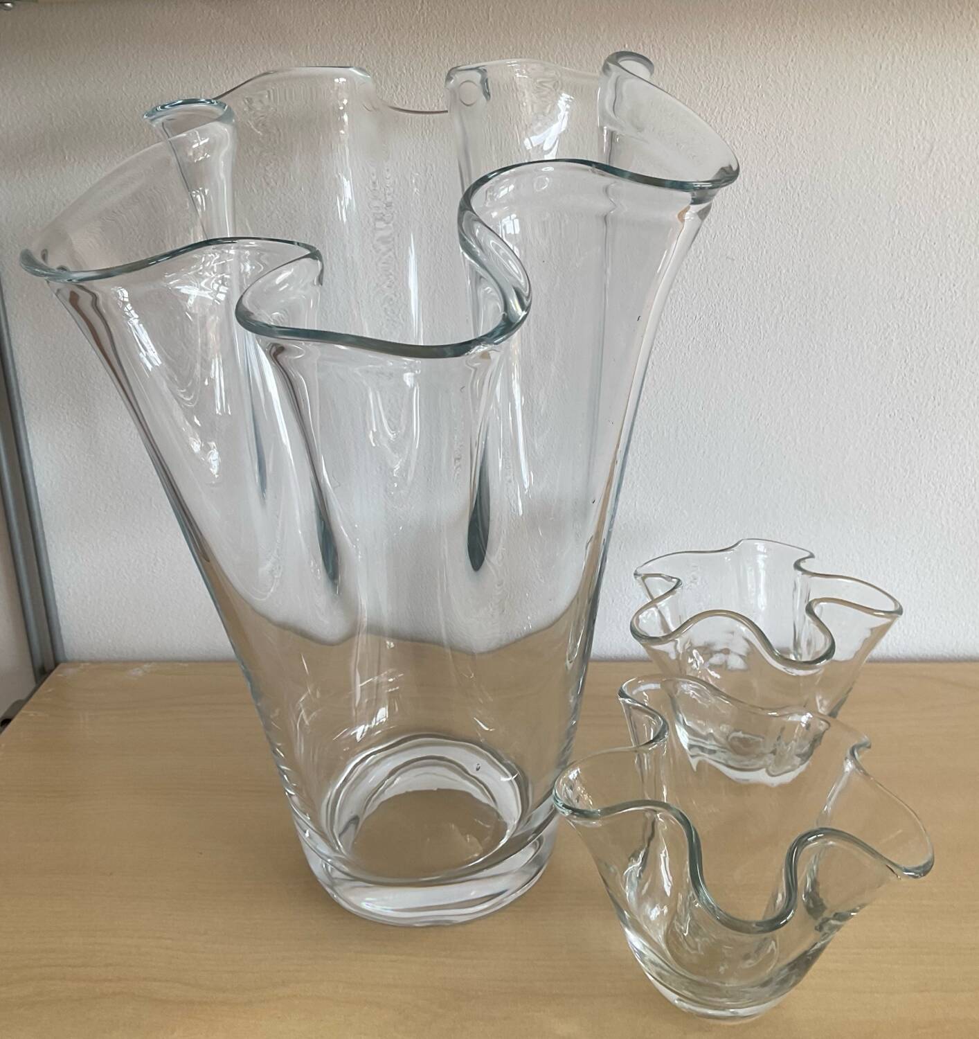 Trio of vintage blown glass handkerchief vases
