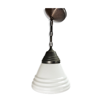 Suspension original en verre et cuivre Phililite Philips, années 1930