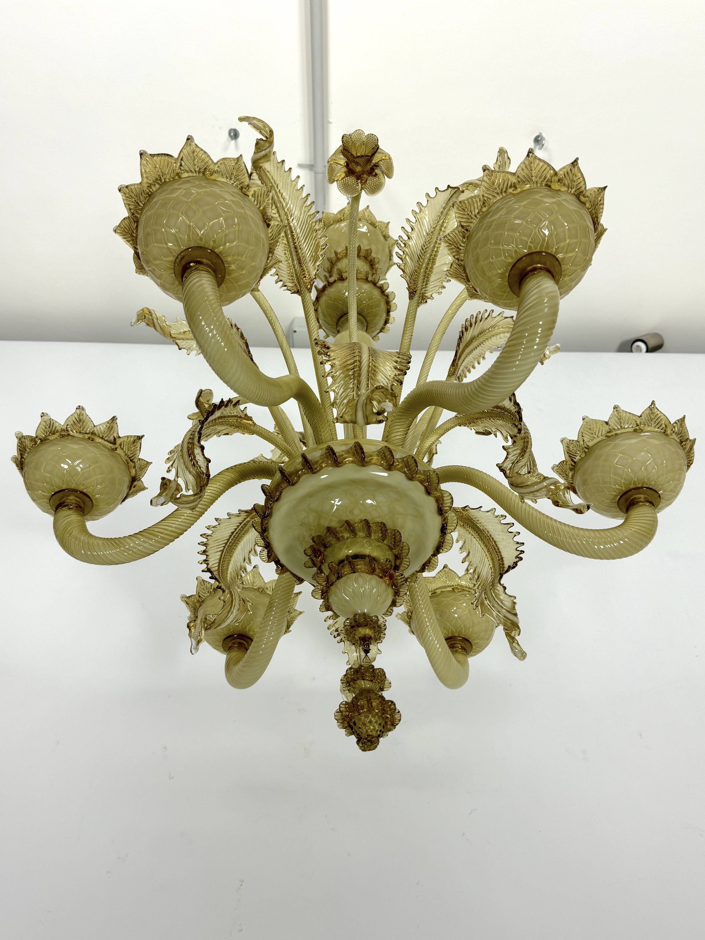 Vintage 6 arms handcrafted floral Murano glass chandelier with gold. Italy 1950s
