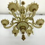 Vintage 6 arms handcrafted floral Murano glass chandelier with gold. Italy 1950s