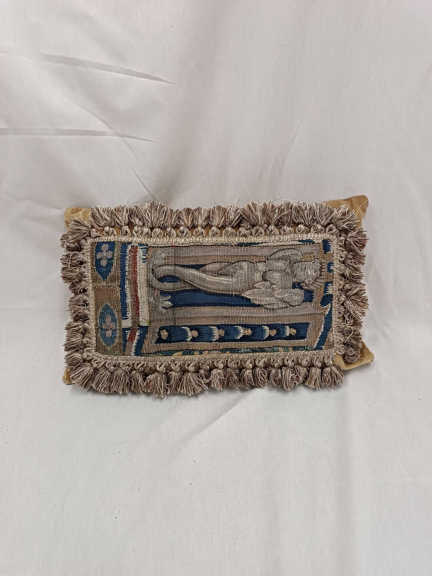 Rare 17th Century French Aubusson Tapestry Cushion with Figural Design & Tassels