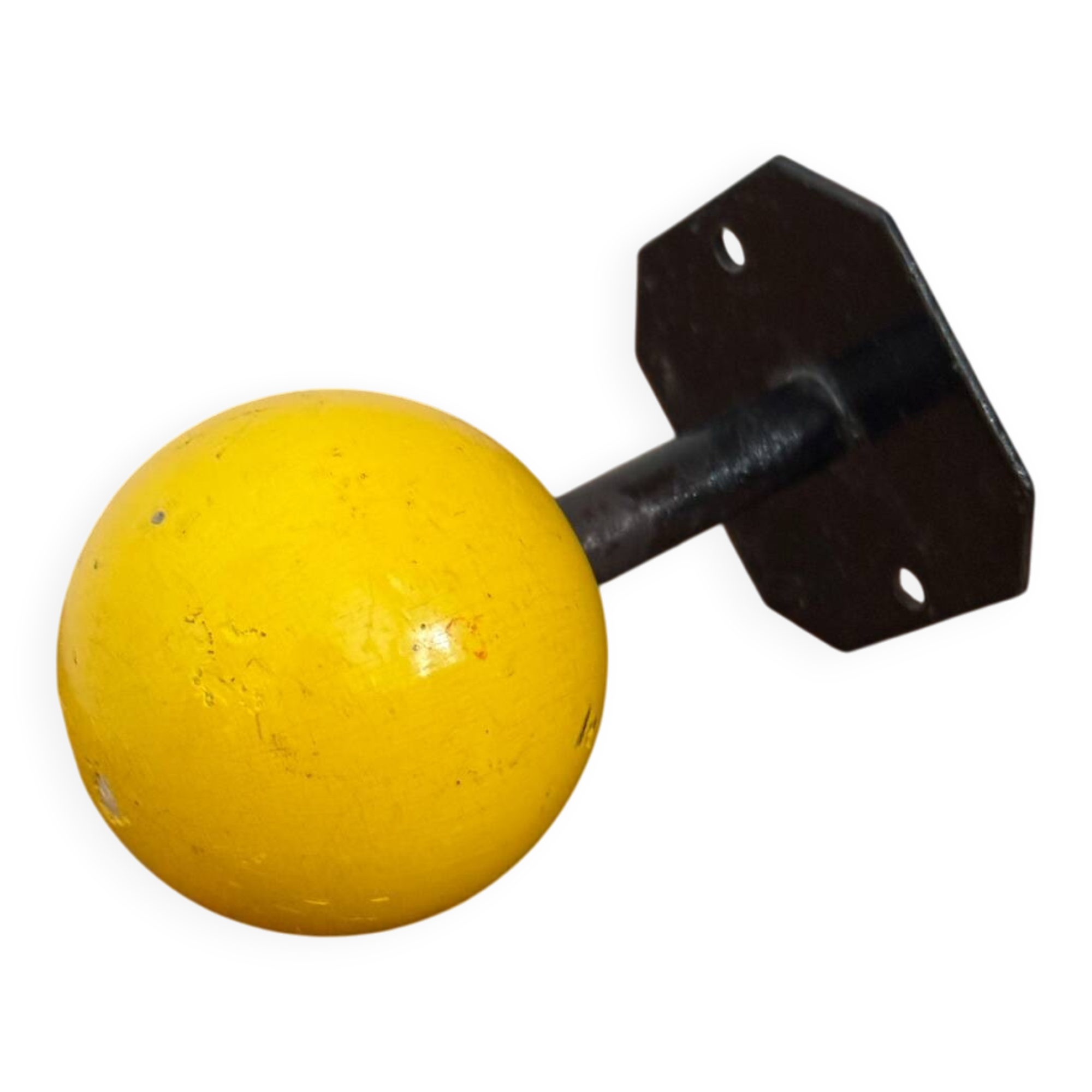 Vintage yellow wooden wall-mounted ball coat hook.