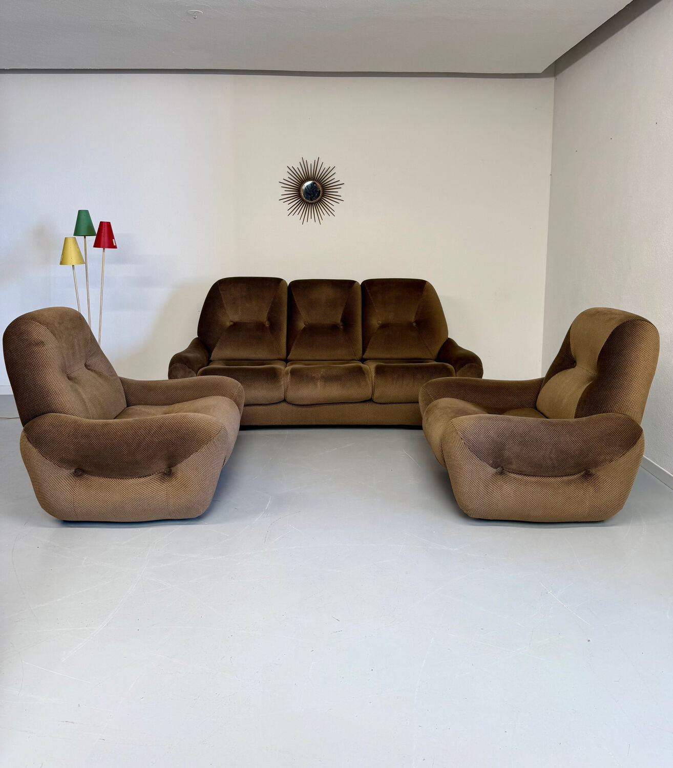 Lot of 2 cosy fabric armchairs, French design, vintage 1970s.