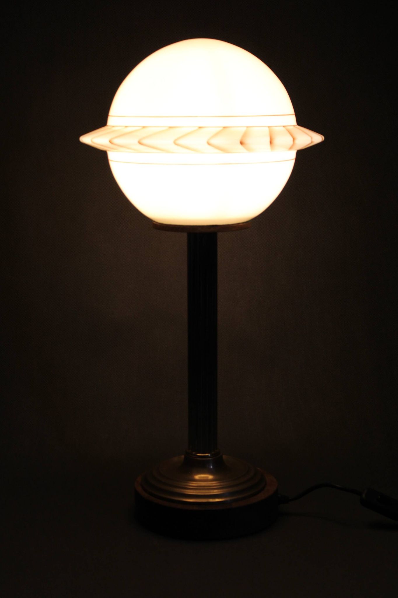 1940s Restored Brass Table Lamp with Wooden Base and Glass Shade