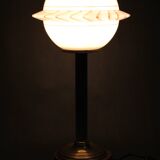 1940s Restored Brass Table Lamp with Wooden Base and Glass Shade