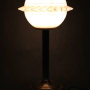 1940s Restored Brass Table Lamp with Wooden Base and Glass Shade