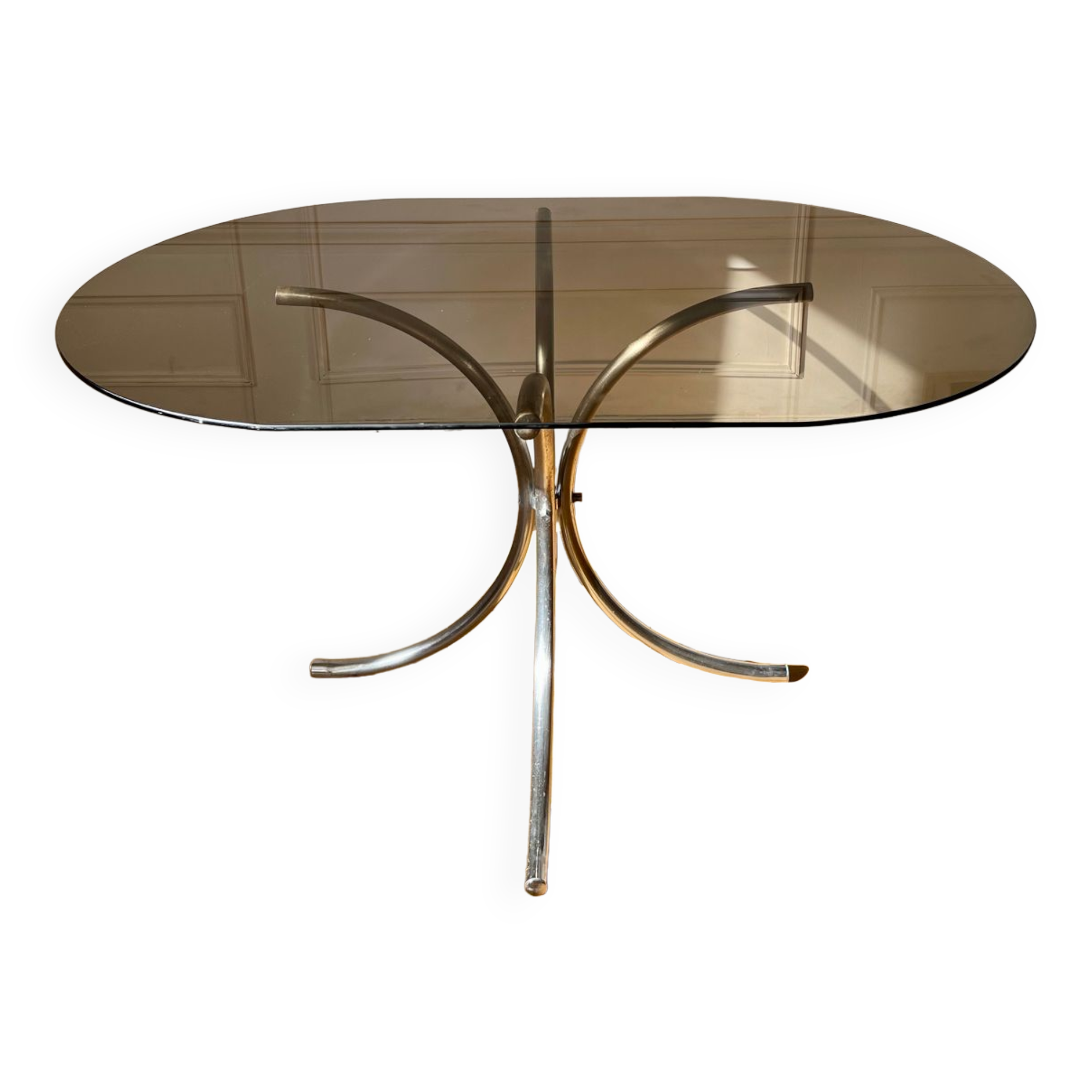 Vintage smoked glass oval dining table