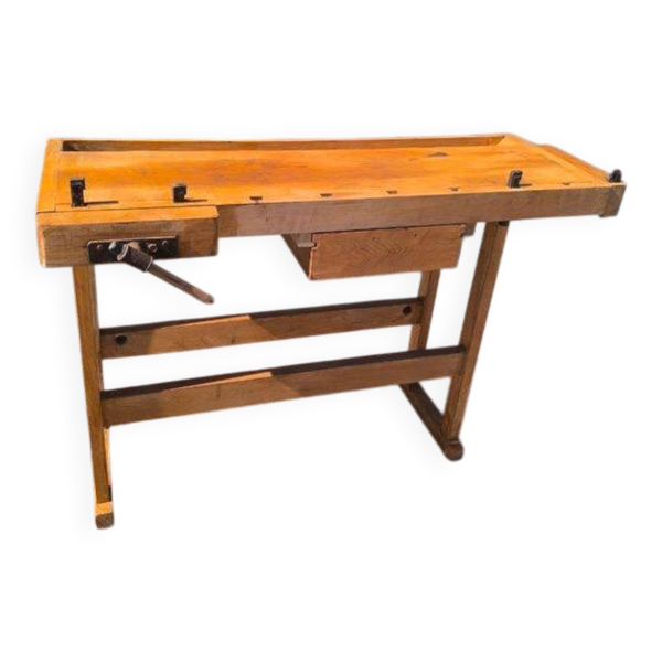 Petit établi de menuisier vintage en bois massif – Console de charme
