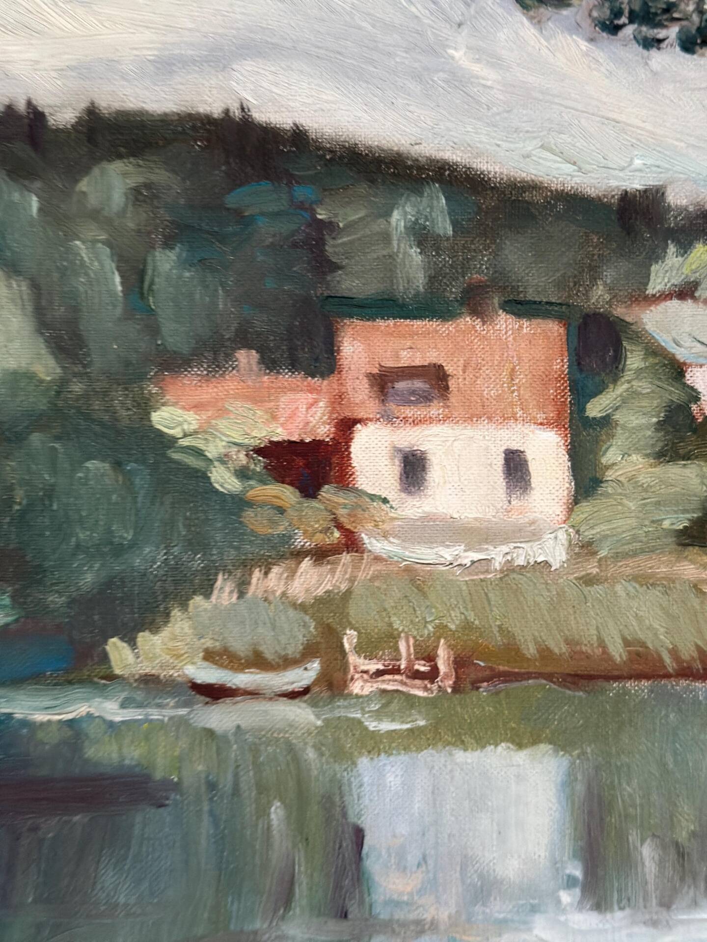 Swedish Oil on Canvas – “Lake with Houses” by G. Arner – Signed
