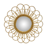Round mirror flower sun in rattan wicker wood vintage 1960 1970 55 cm folk