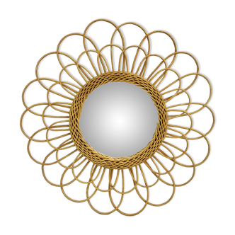 Round mirror flower sun in rattan wicker wood vintage 1960 1970 55 cm folk