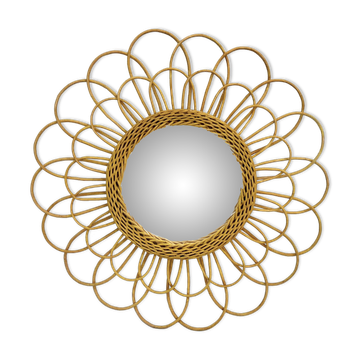 Miroir rond fleur soleil en rotin osier bois vintage 1960 1970 55 cm folk