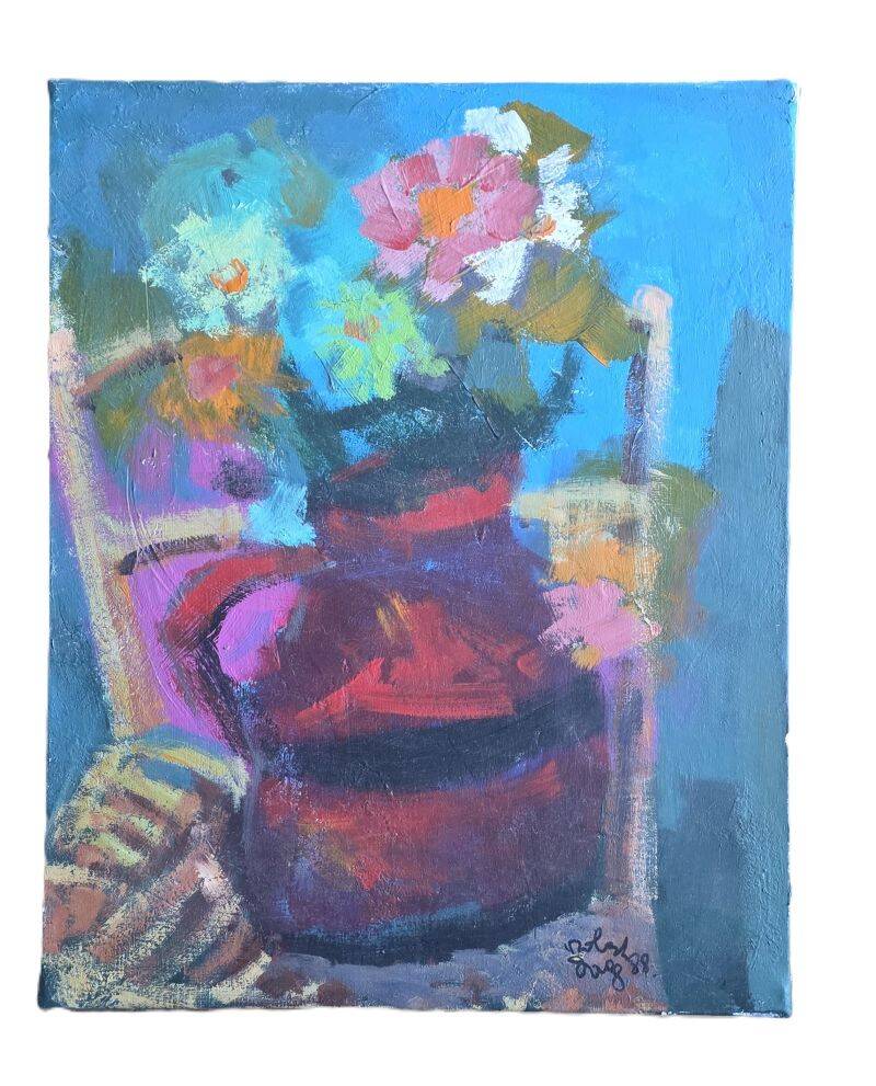 Robert Dago Oil on Canvas Still Life Jug with Flowers 1988
