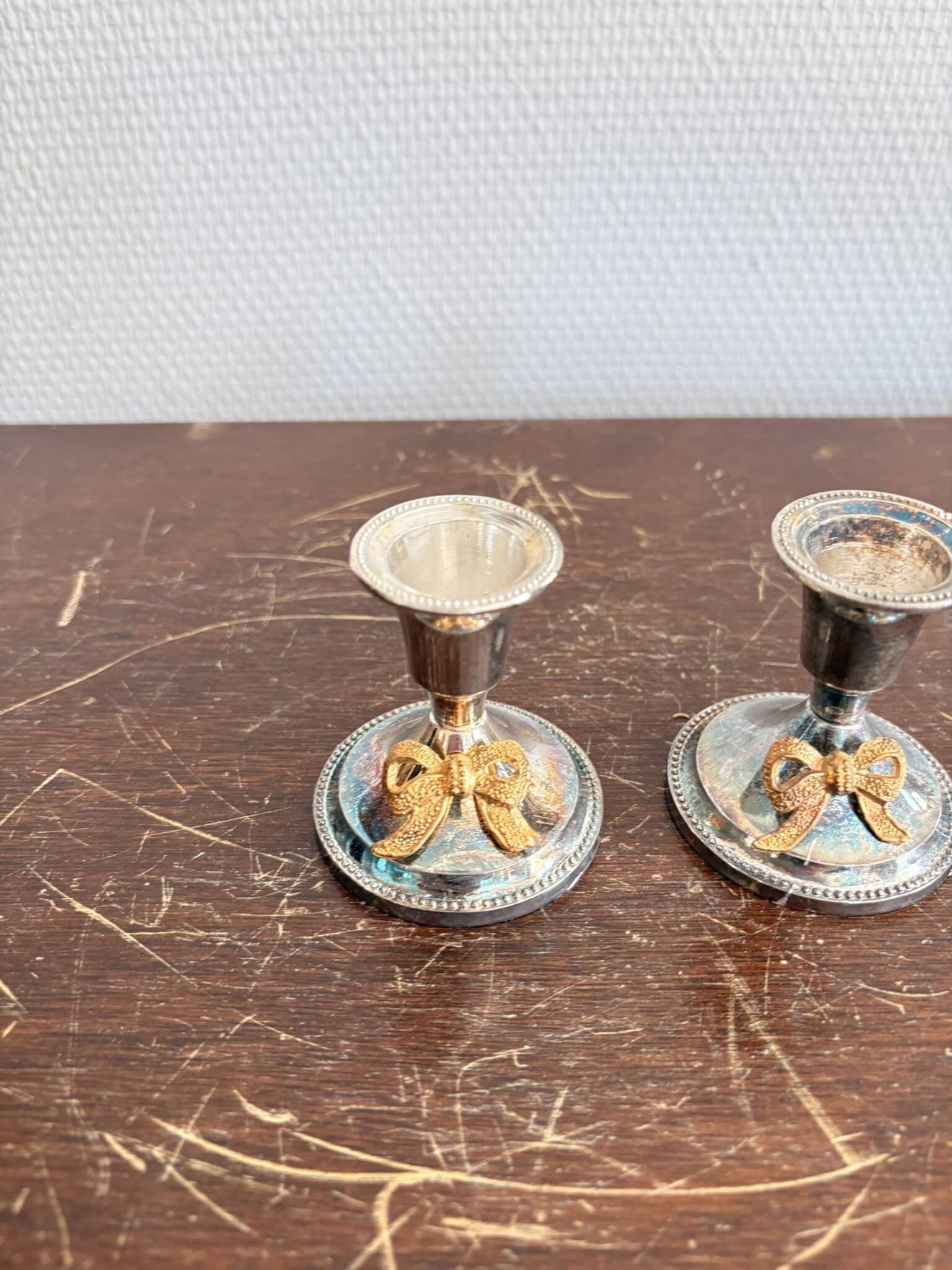Antique Pair of Silver-Plated Metal Candle Holders with Golden Bow Louis XVI