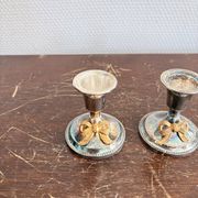 Antique Pair of Silver-Plated Metal Candle Holders with Golden Bow Louis XVI
