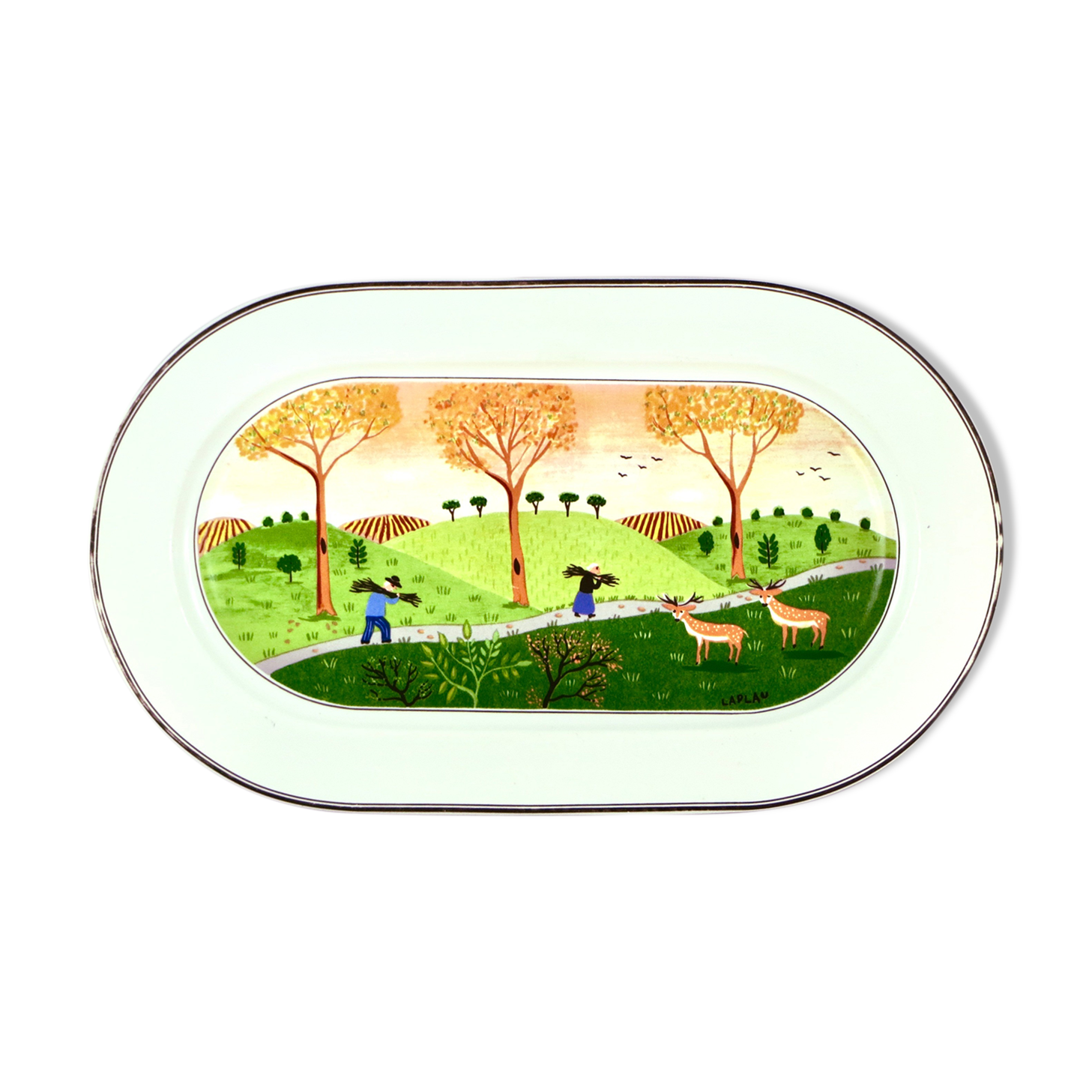Plat vintage laplau par villeroy & boch porcelaine "scène au champ", naïf design