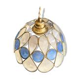 Capiz mother-of-pearl and vintage two-tone brass pendant light in Art Deco style