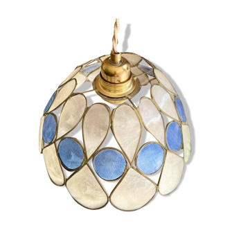 Capiz mother-of-pearl and vintage two-tone brass pendant light in Art Deco style