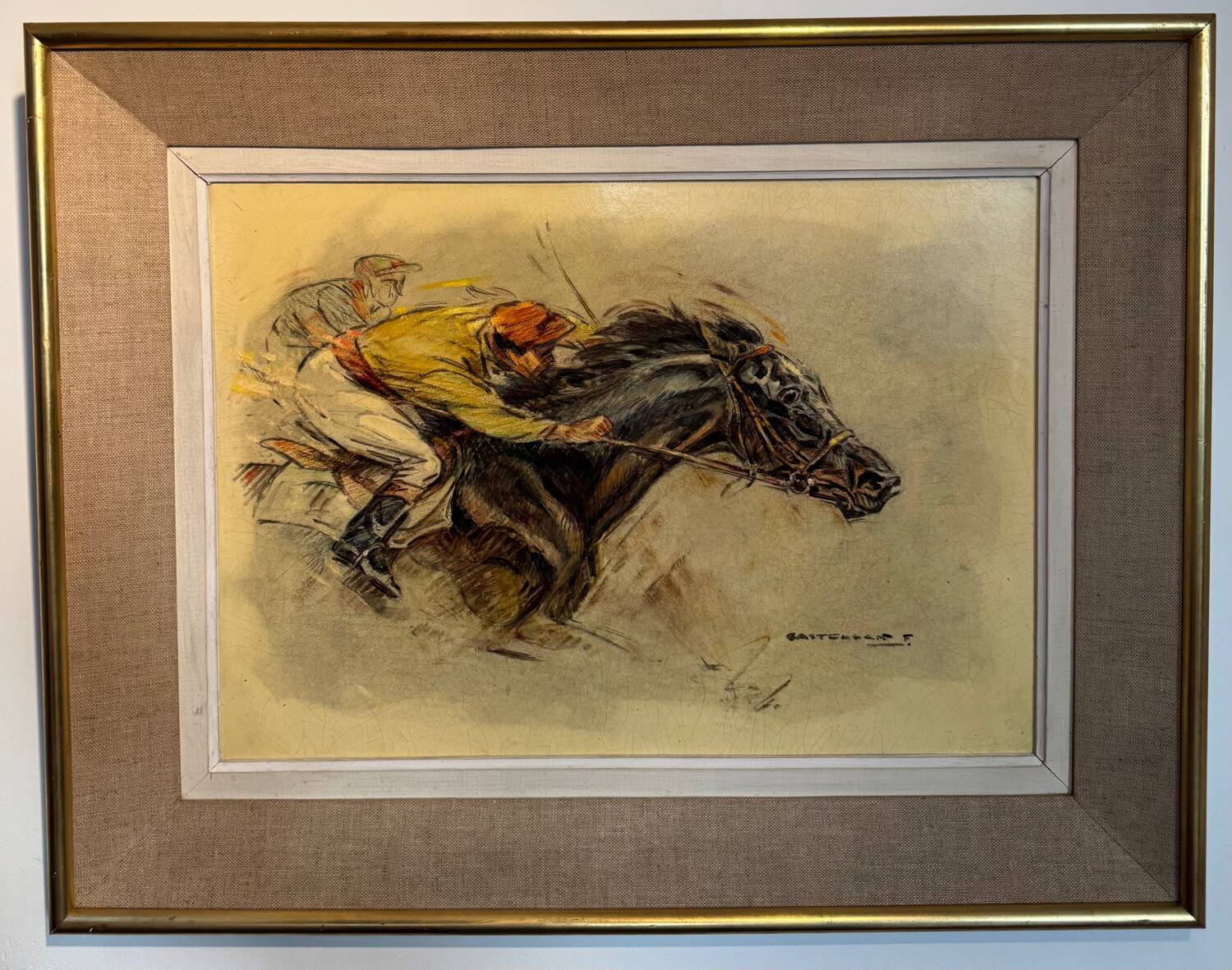 Old painting, horse scene, signed F Castellan, early 20th century