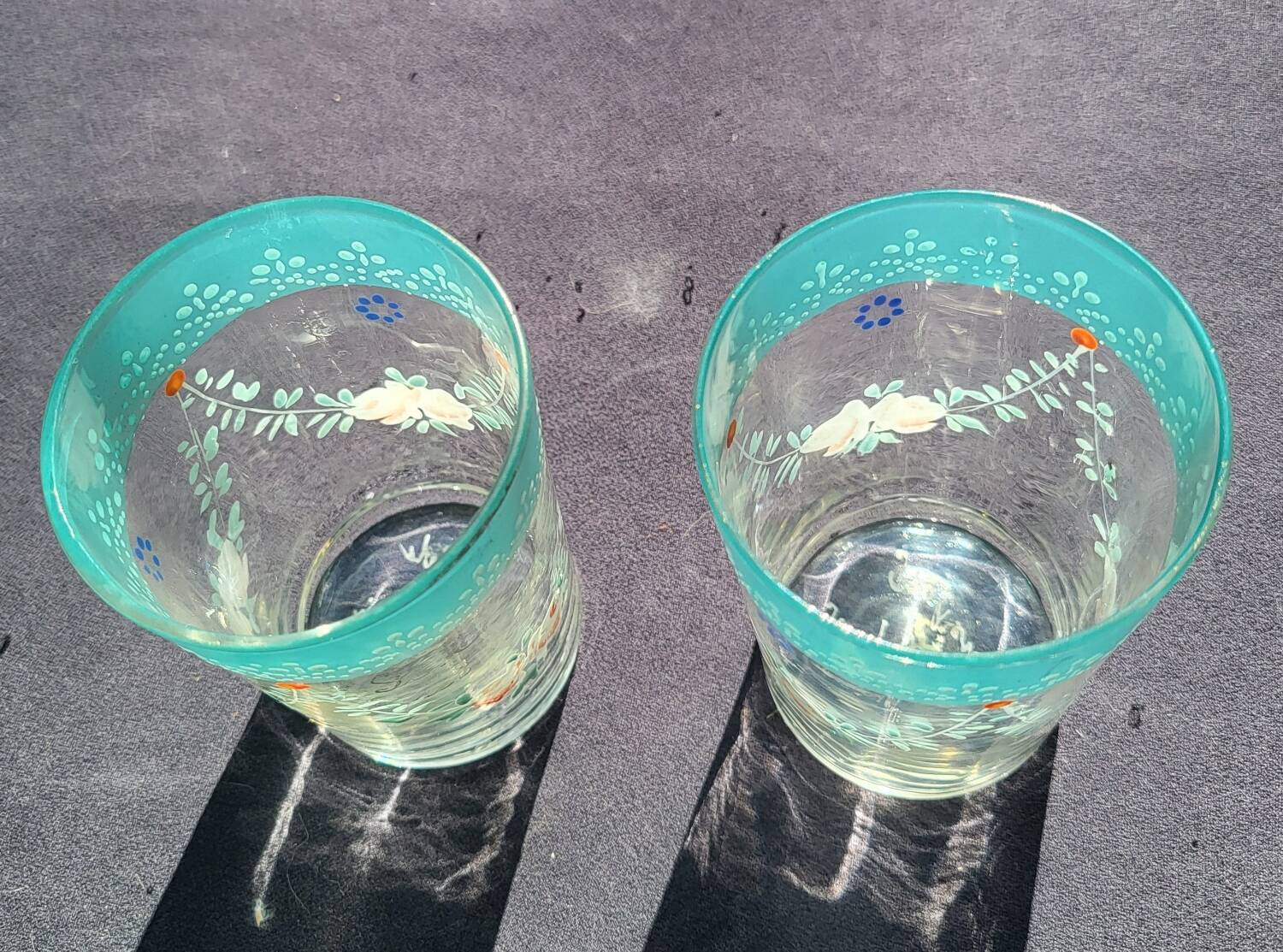 2 bohemian fine green enameled glasses