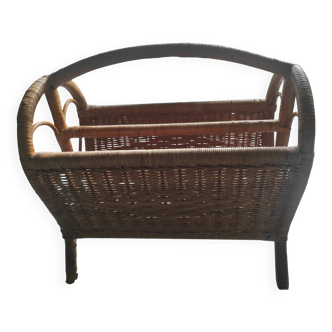 Vintage wicker/woven rattan magazine rack, 2 compartments