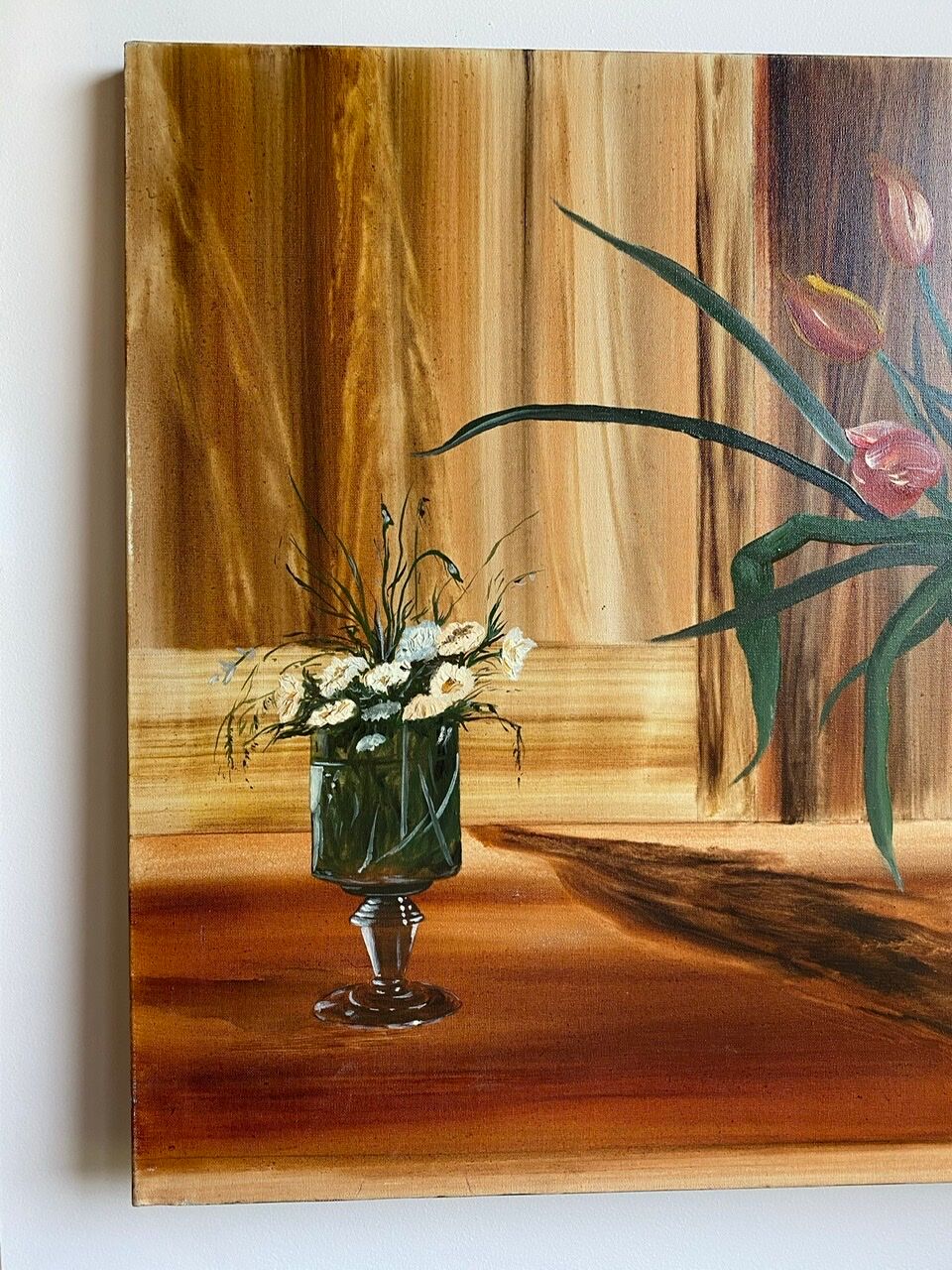 Ancient painting, still life with flowery vase and glass, signed,XX century