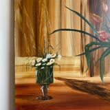 Tableau ancien, nature morte au vase et verre fleuris, signé,XX siècle
